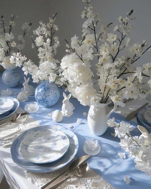 delicate cute white and blue soft vintage modern easter tablescape