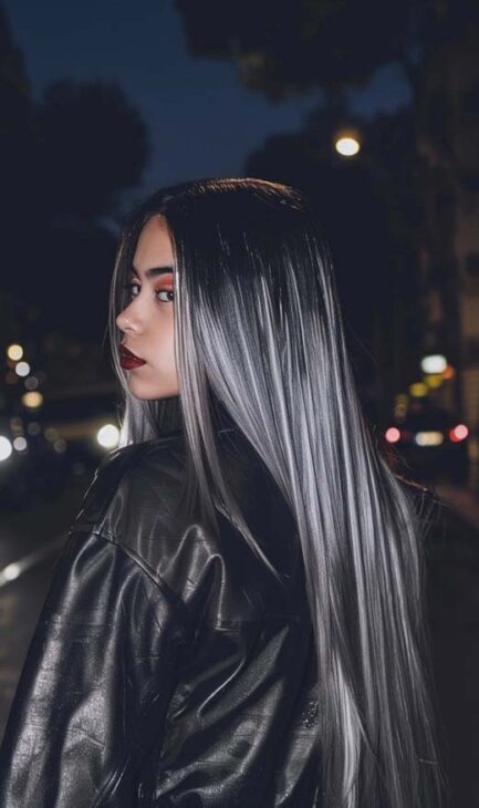 long ash grey straight silever hair  color for modern witch