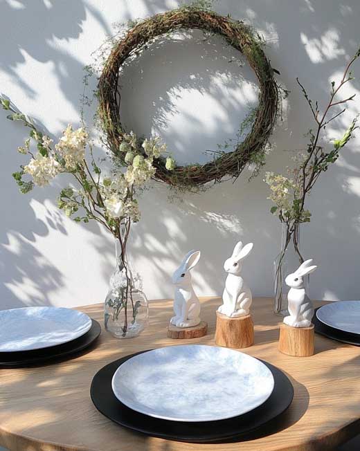 minimalist simple and easy easter tablescape black and whit with light wood.