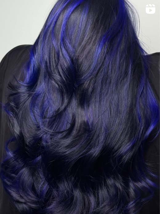 navy  electric blue balayage o black hair. witchcore aesthetic hair color. 