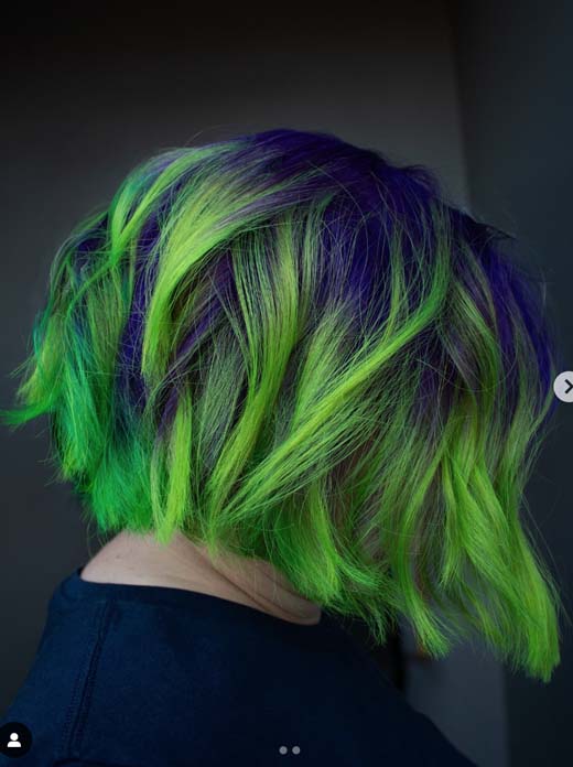 neon green with purple witchy hair on short hair