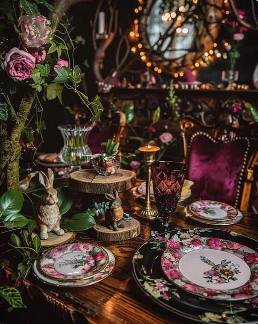 dark cottagecore easter tablescape