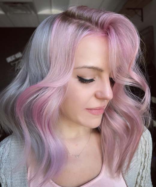 pink and ash grey pastel witch aesthetic hair on medium lenght hair