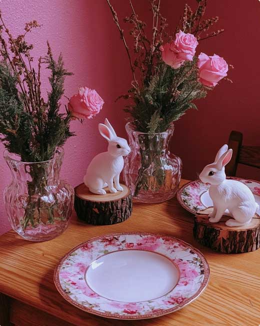 pink rustic tablescape for easter with pink roses and wooden. Easy and simple