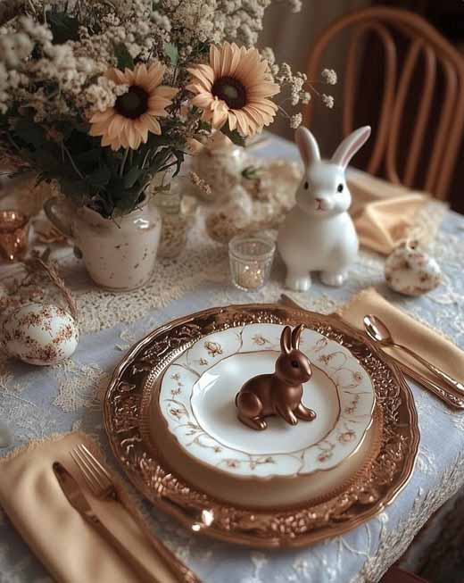 rustic elegant aesthetic easter tablescape with copper and sunflowers