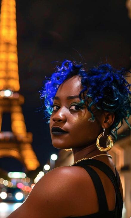 electric blue short curly hair witchy aesthetic on black woman. 