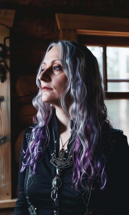 purple and silver witchy hair woman 50+