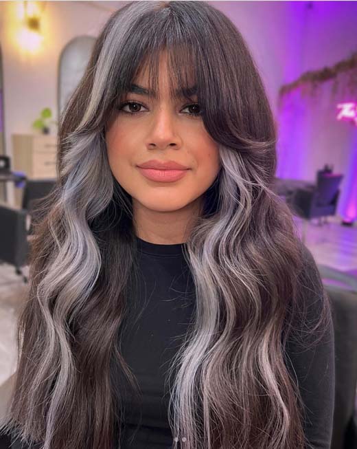 black hair with silver white streaks on long brunette hair