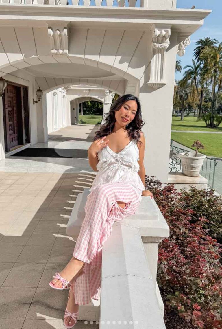 soft feminine outfit with gingham trousers