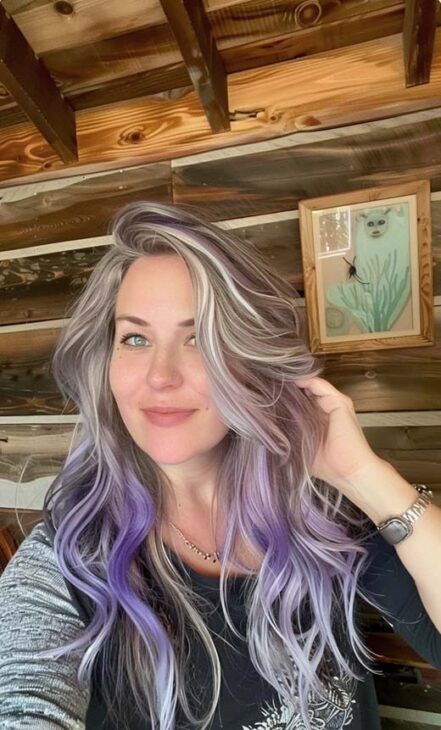 wavy silver hair with lavender streaks witchcore hair