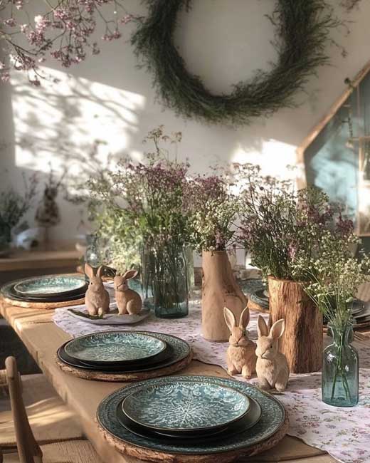 rustic neutral, natural green easter tablescape