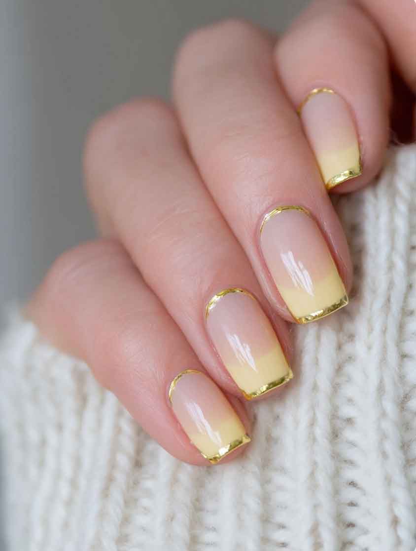 butter yellow nails with gold tips on square nails