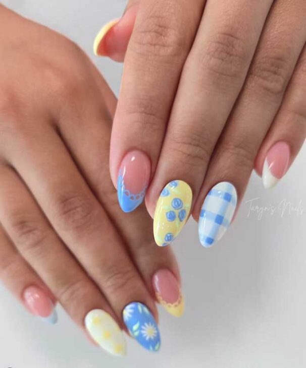 butter yellow with light blue