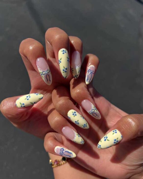 long butter yellow with blue nails