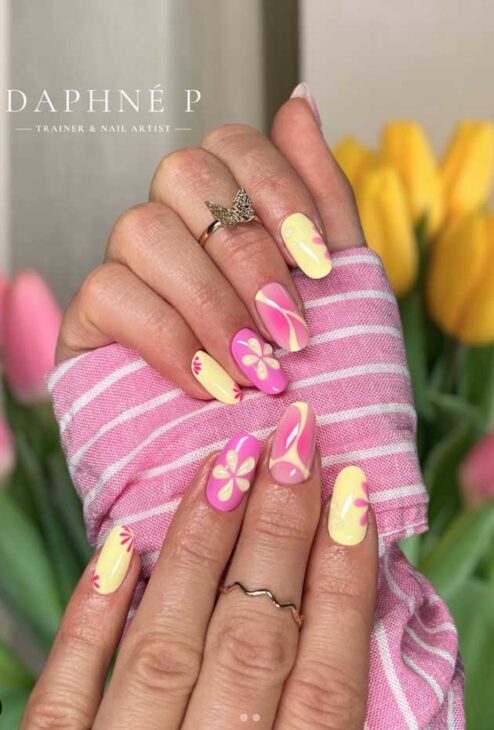 pink and butter yellow nails