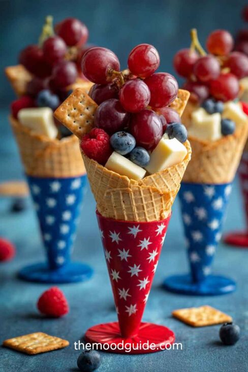 Charcuterie cone with berreis and cheese for patriotic 4 of july appetizer
