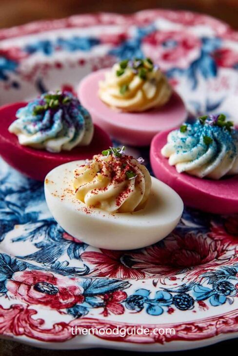 Red white and blue de deviled eggs for 4th of july food in patriotic colors 