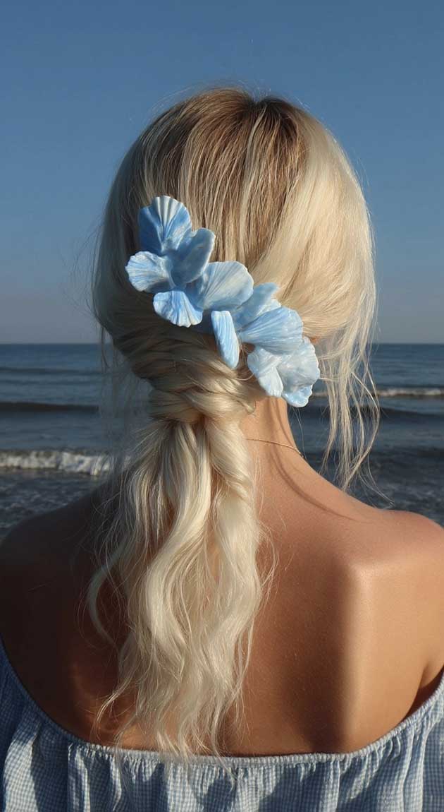 light blue aesthetic summer hairstyle for the beach on blonde hair