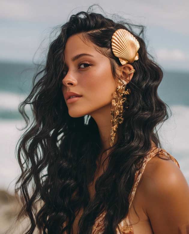 side part mermaid summer hair with gold accessories