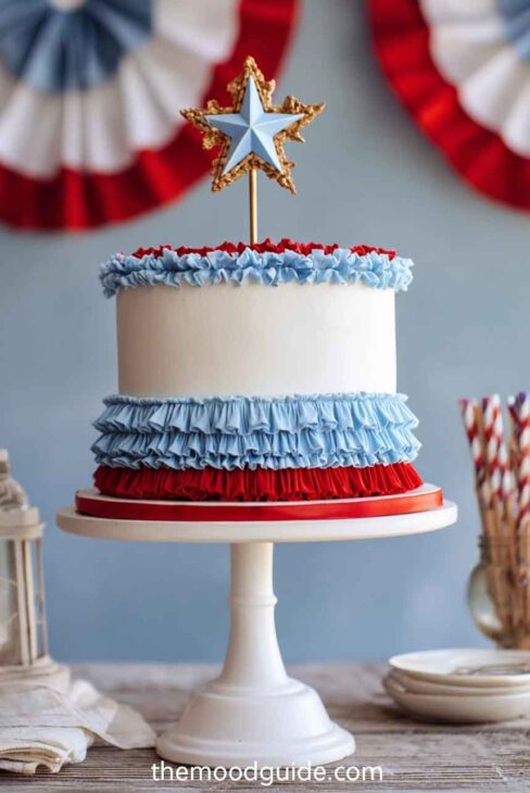 Patriotic vintage layer cake with buttercream ruffles 4th of july cake 