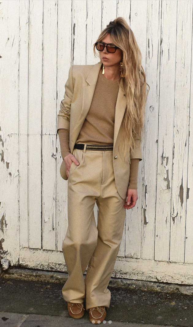 all beige monochrome casual chic and elegant suit work outfit