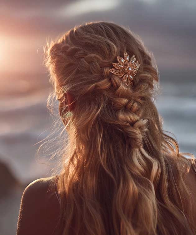 summer hairstyle on blond hair for wedding or night out with gold accessory clip.