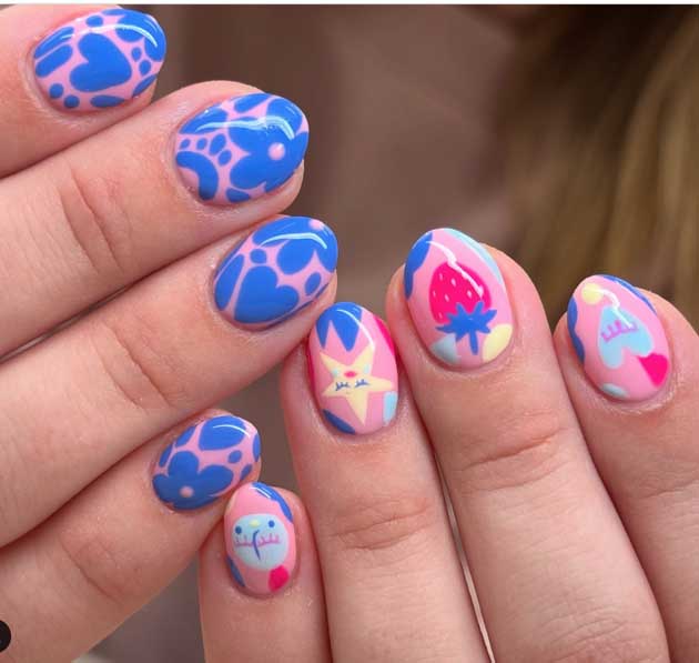 cute blue and pink summer nails on short nail