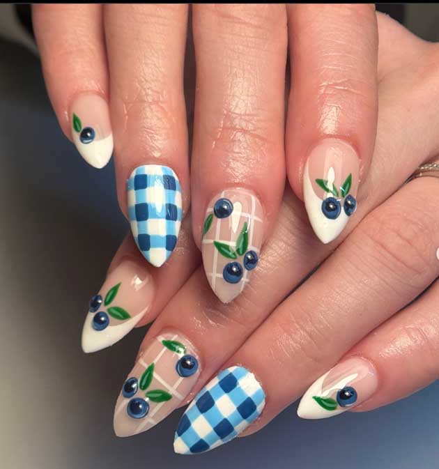 blueberry nails with blue gingham for spring and summer nails