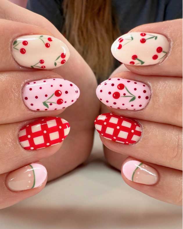 cherry and red gingham with pink and yellow picnic nails art