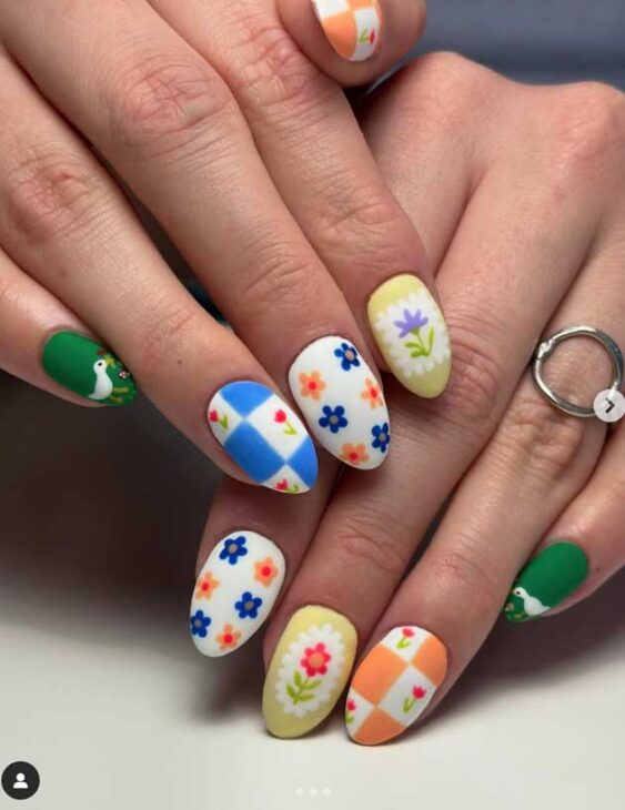 floral  and checkered colorful nails