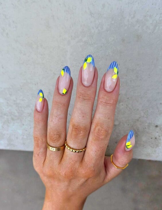 Euro summer neon nails vibes with neon lemons and blue and white stripes