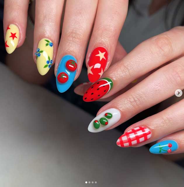 fun summer nails with yellow, blue, watermelon design and tomatos and blueberries, 3d.