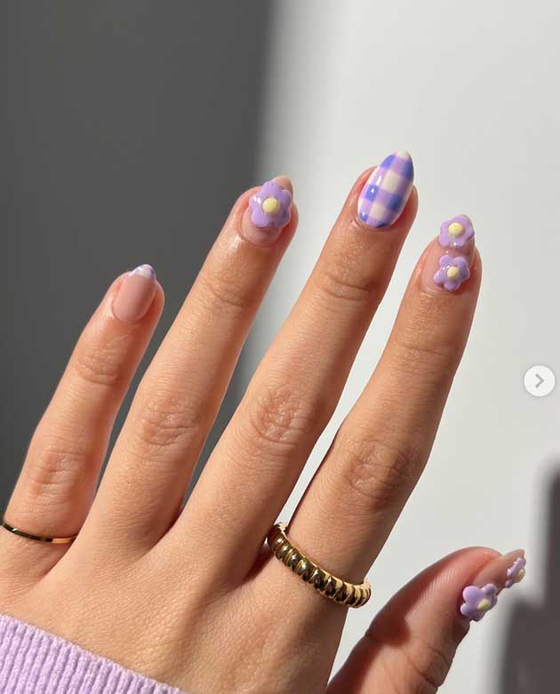 lavender gingham nails with 3d flowers