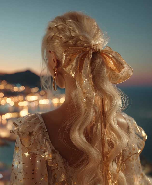 night out blonde hairstyle for summer with large gold ribbon bow.