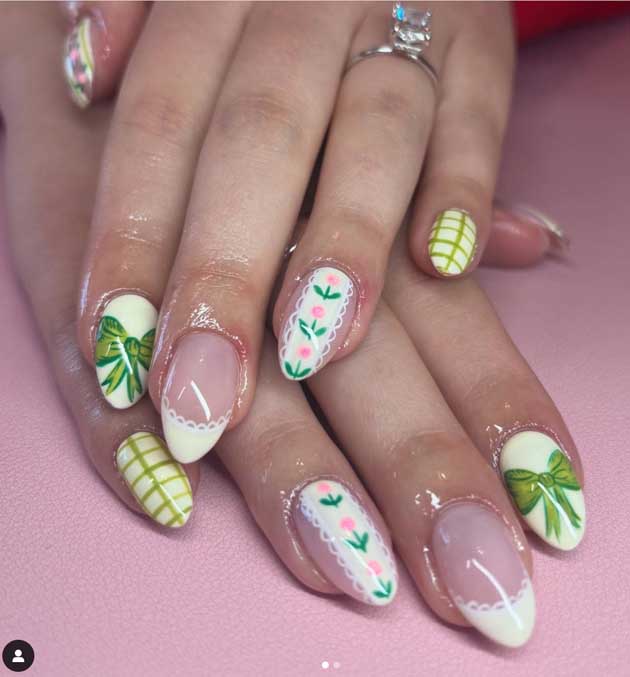 white and green lace nails