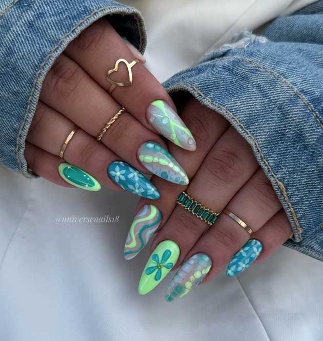 neon green floral and swirls summer nails