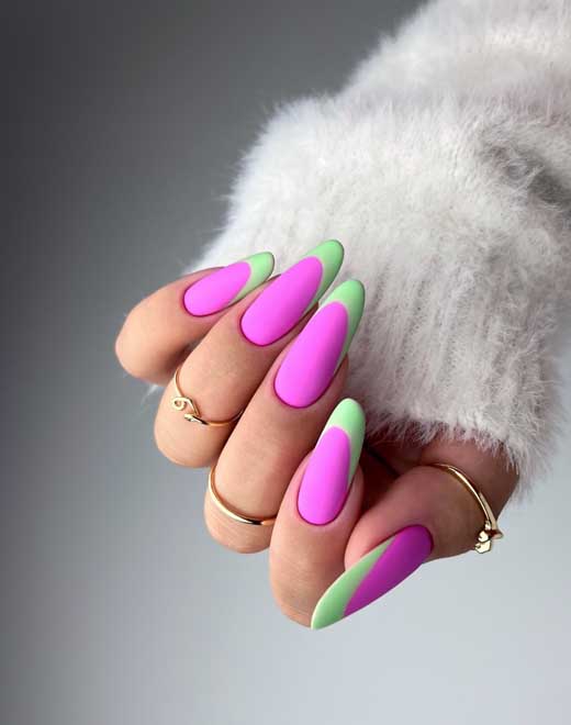 Matte pink neon with green french tips nails
