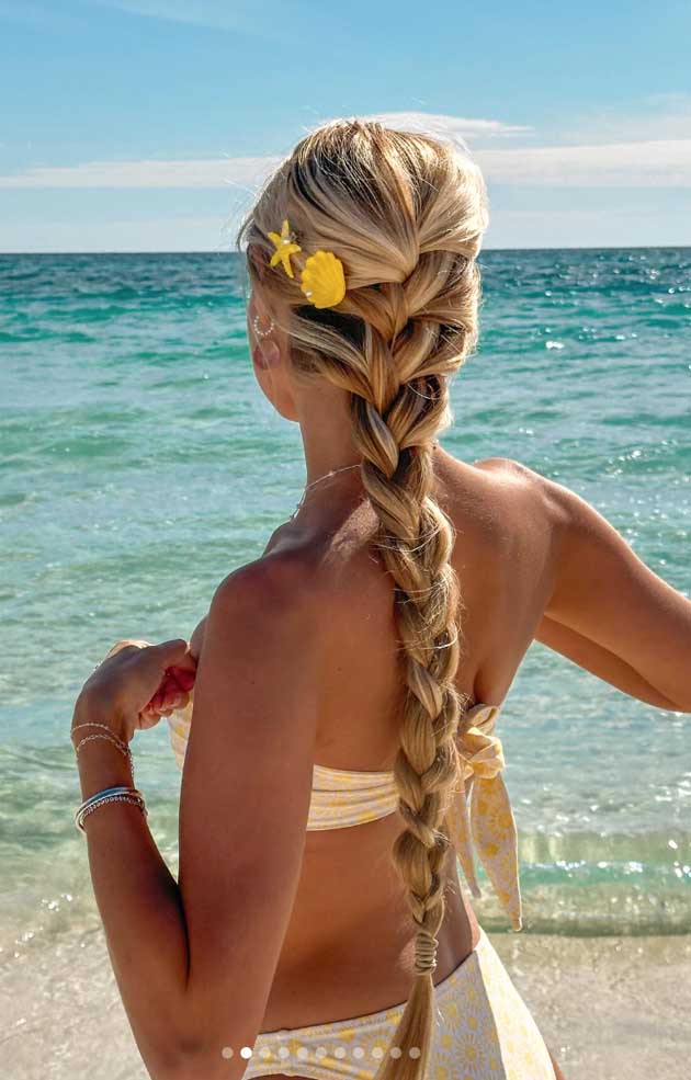 mermaid aesthetic cute summer hairstyle on long hair with fishtail dutch braid. blonde