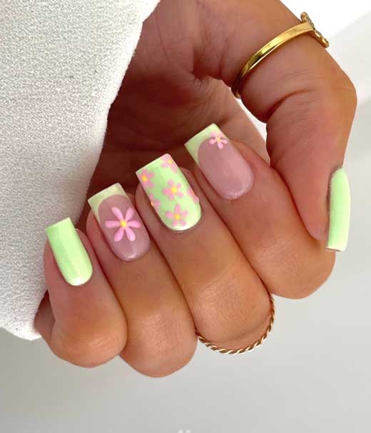 Neon Green nails with pink flowers