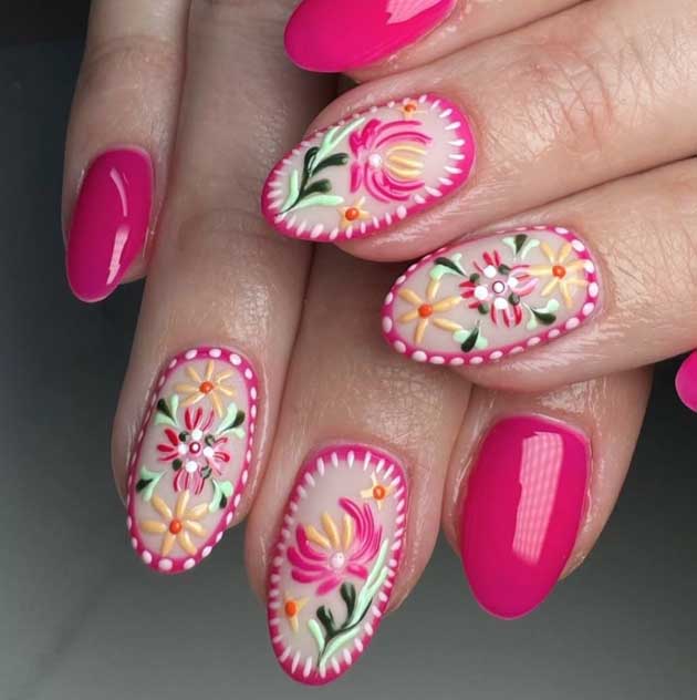 folk inspired hr pink summer nails