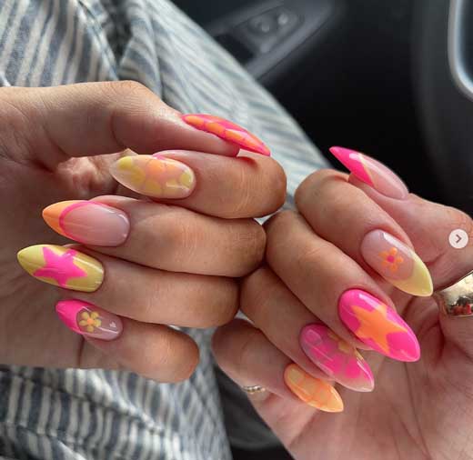 pink and yellow floral neon nails colorful for summer