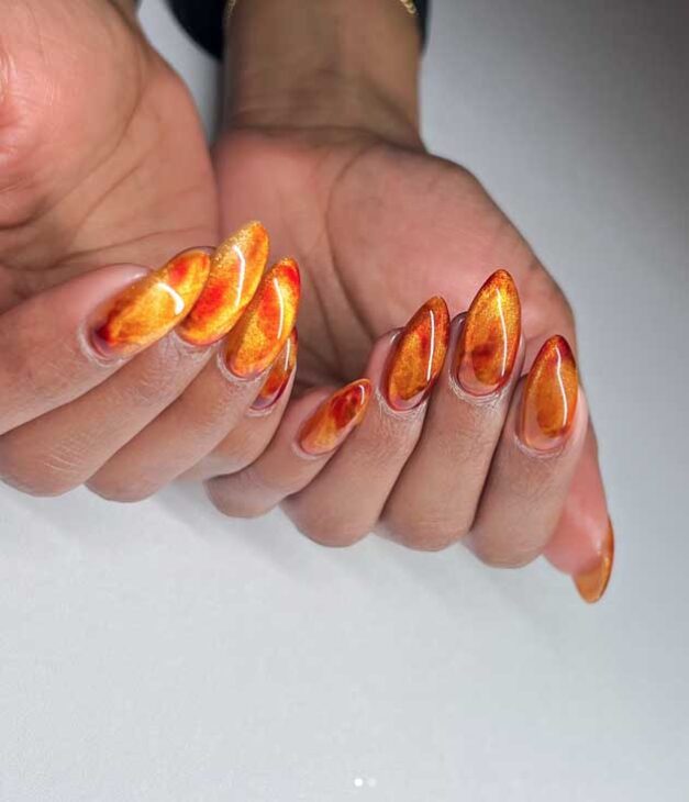 red and orange with glitter fire hot summer nails
