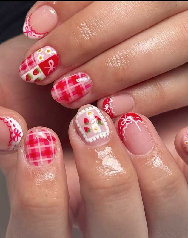 cute white and red picnic nails with strawberry and bow