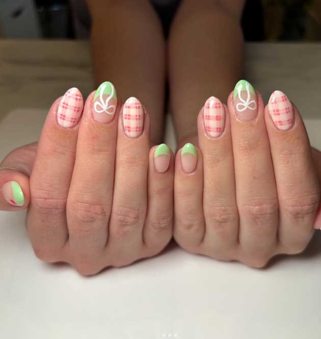 green french tips and pink gingham spring coquette nails