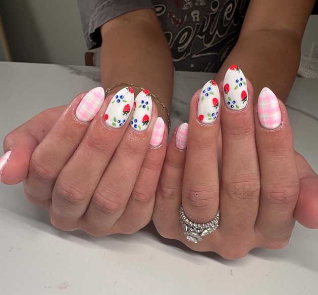 light pink gingham nails