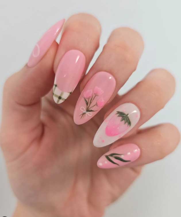 tulip and strawberry cottagecore nails for spring