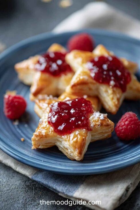 Star shaped puff pastel bites with raspberry jam and Brie for easy 4th of july snack 