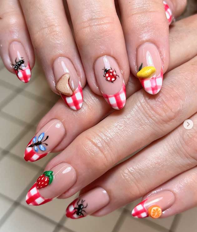 picnic nails with red gingham tips and butterfly, strawberry and lemon 3d nails