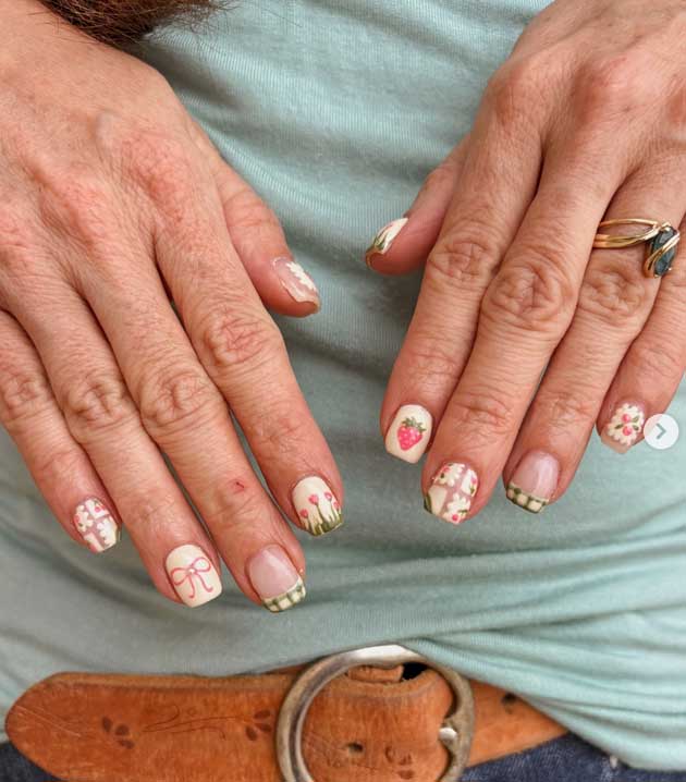 butter yellow witth green and pink pastel cottagecore spring nails with gingham french tips