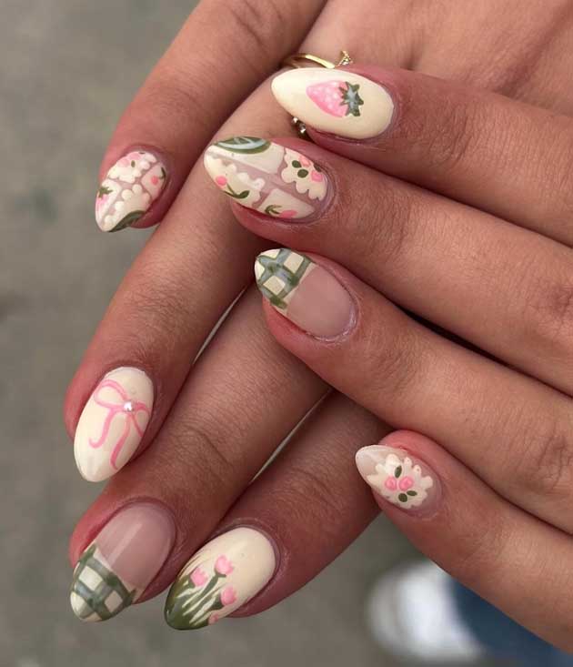 butter yellow and green cottagecore nails for spring